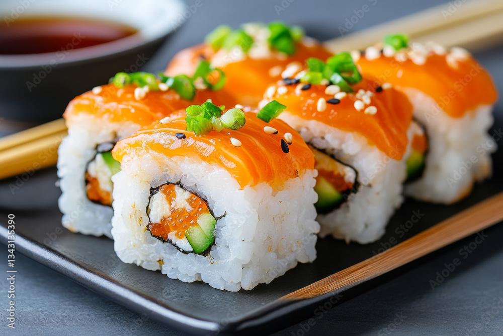 Delicious sushi rolls with salmon and cucumber Delicious sushi rolls with salmon and cucumber