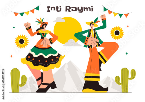 Inti Raymi Vector Illustration, Translation: Celebration of the Sun for a Traditional Religious Ceremony on June 24 in a Flat Style Cartoon Background