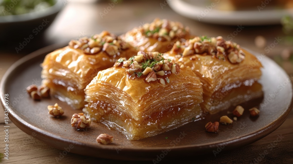 A flaky, golden masterpiece of Baklava, studded with crunchy nuts and drenched in the sweet embrace of honey, beckoning with the promise of a delightful dessert.