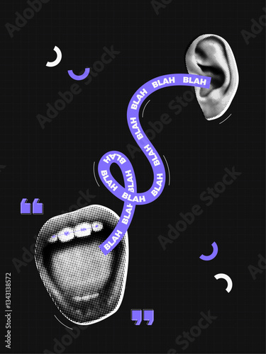 Trendy Halftone Collage Female mouth screams in ear. Phrase "blah, blah, blah" text ribbon. Communication and gossip. Dark purple modern background. Contemporary vector illustration art