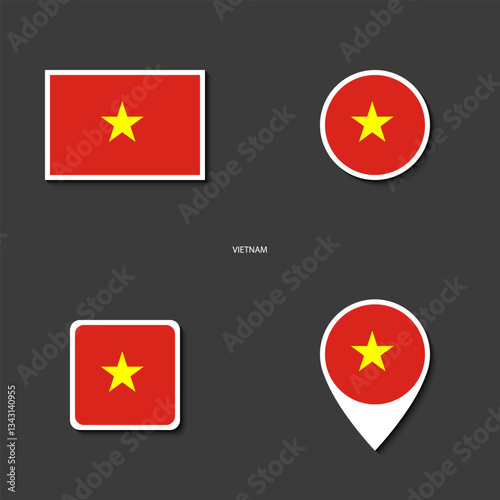 Vietnam flag icon set in different shape (rectangle, circle, square and marker icon) on dark grey background. Vietnam sticker icon collection on barely dark background	
