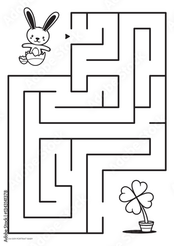 Vector black lines for maze print. A4 format. Educational maze coloring book with a cute cartoon easter bunny looking for four leaf clover. Portrait size.