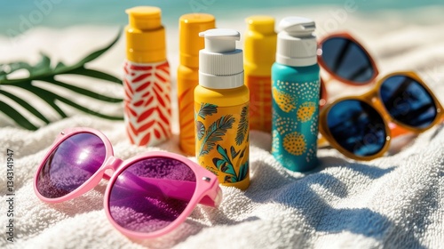 A row of vibrant sunblock lotions, adorned with playful patterns, and sleek, stylish sunglasses, lay nestled on a pristine white beach towel, ready for a day of fun and sun protection.