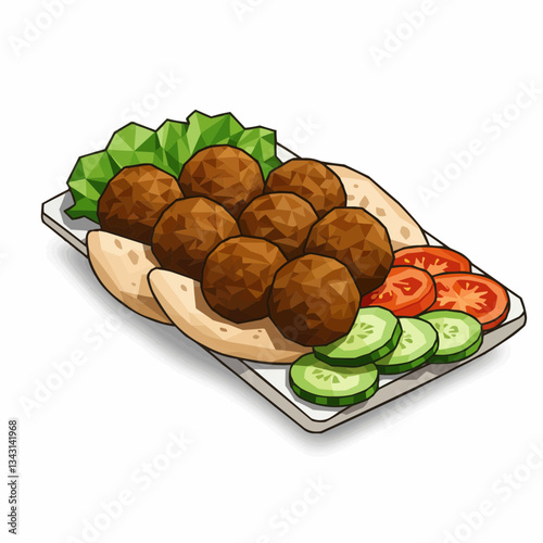 Colorful geometric illustration of a plate with falafel and salad
