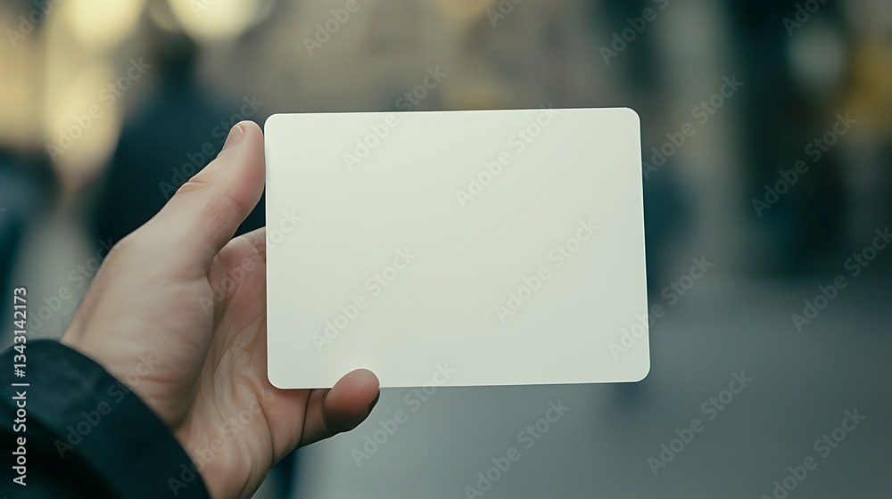 Hand Holding a Blank White Card Against a Blurred Urban Background Hand Holding a Blank White Card Against a Blurred Urban Background