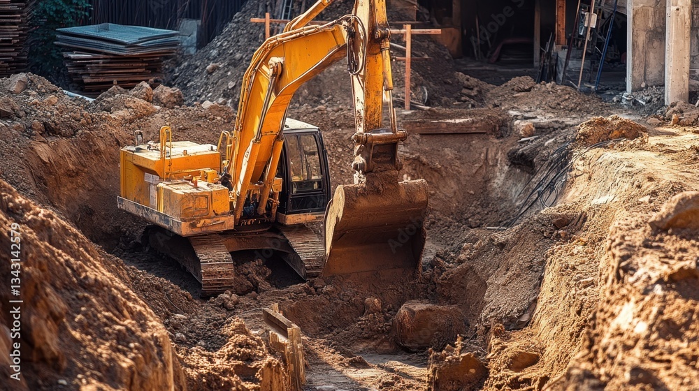 Fototapeta premium Early stages of a factory construction site with excavation and groundwork underway.