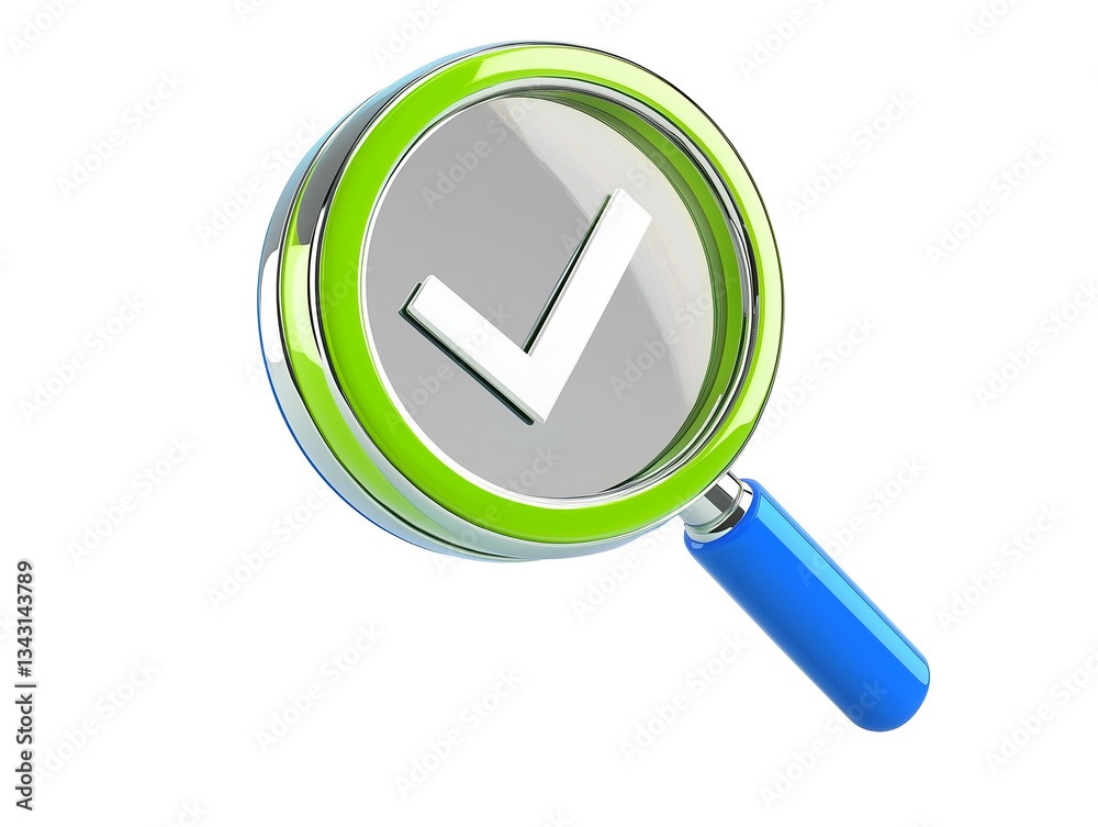 3D Icon of Magnifying Glass with Green Checkmark and Blue Handle PNG file isolated on transparent background 3D Icon of Magnifying Glass with Green Checkmark and Blue Handle PNG file isolated on transparent background