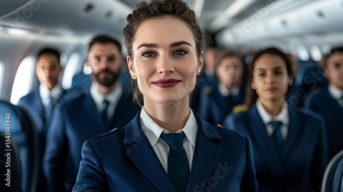 Elegant A flight attendant calmly pointing to the nearest emergency exit while passengers follow along with their safety cards  photo