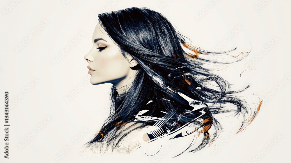 Naklejka premium Woman with Long Hair Abstract Art Beauty Style Elegance