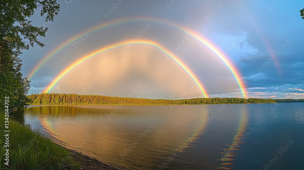 Naklejka premium A double rainbow stretching over a serene lake, with the water reflecting the colorful bands of light.