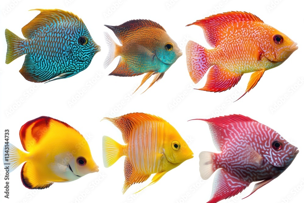Fototapeta premium Colorful angelfish collection, aquatic life, isolated, white background, aquarium decoration