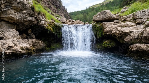 Elegant A hidden waterfall discovered along a summer hiking trail cascading into a crystal clear pool surrounded by moss covered rocks 