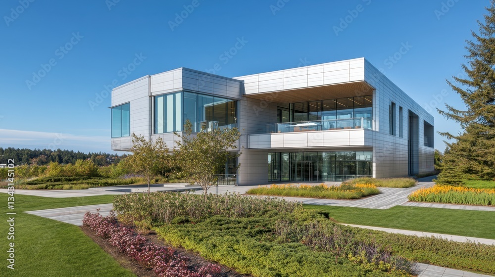 Exterior of a modern industrial building with large metal panels and glass windows. Exterior of a modern industrial building with large metal panels and glass windows.