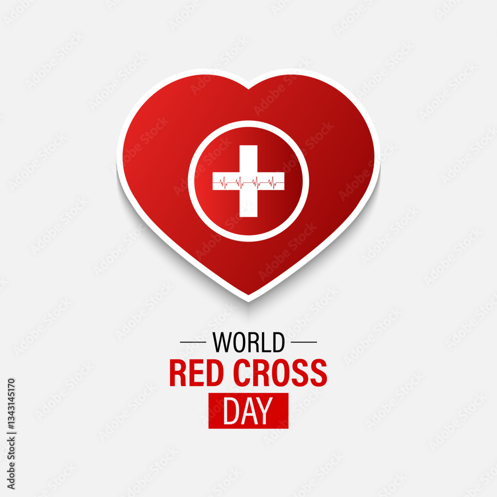 Obraz premium World Red Cross Day is observed annually on May 8th. International Red Cross and Red Crescent Movement. Hand with heart on color background and Stethoscope. Design for web banner, cards, prints.