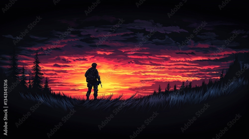 Fototapeta premium Silhouetted Soldier Sunset Dramatic Hilltop Scene