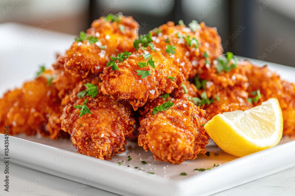 Fototapeta premium Golden Crispy Chicken Tenders: A Hyper-Detailed Close-Up of Gourmet Comfort Food with Juicy Meat, Zesty Lemon Garnish, and Fresh Parsley – Elevated Fried Perfection in High-Resolution Food Photography