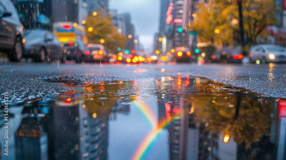 Fototapeta premium A rainbow reflected in a puddle on a city street, with the surrounding buildings and traffic slightly blurred.