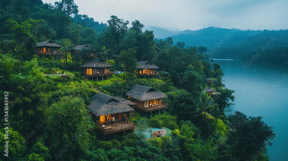 Fototapeta premium Lush hillside resort cabins by tranquil lake at dusk