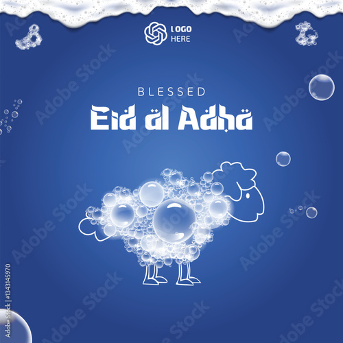 Eid al Adha Mubarak creative design featuring a sheep made of soap bubbles, symbolizing purity and celebration. Unique social media concept for festive branding and greetings.