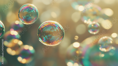 A close-up of soap bubbles floating in the air, each bubble reflecting a tiny, swirling rainbow of colors.