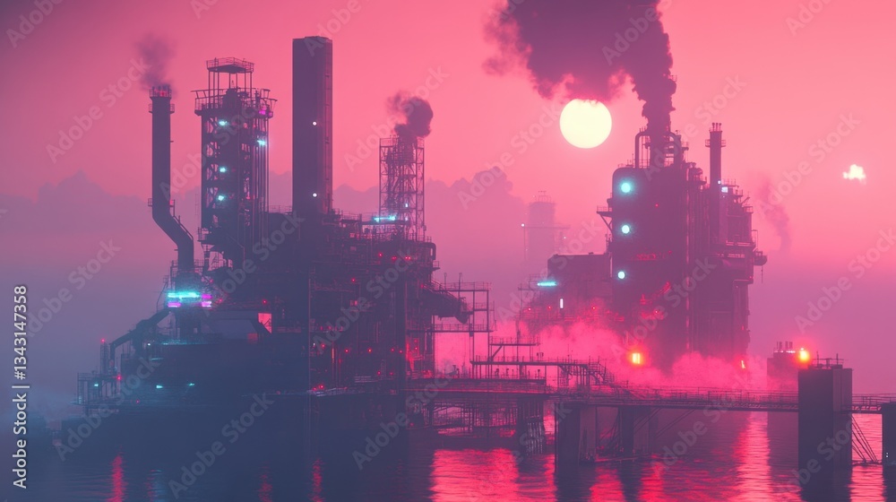 Obraz premium Futuristic industrial factory under construction with sustainable energy features.
