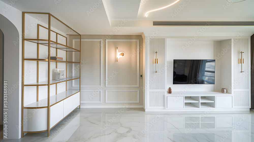 Fototapeta premium A Modern living room decorate with white wall paneling tv cabinet and gold stanless shelf.