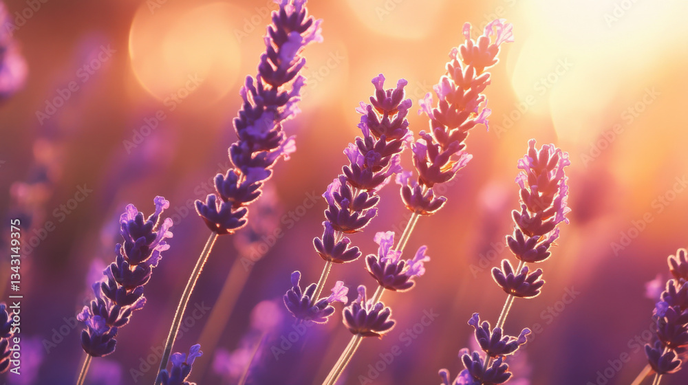 Obraz premium A lavender field captured during the golden hour, with the warm light enhancing the rich purple tones of the flowers.