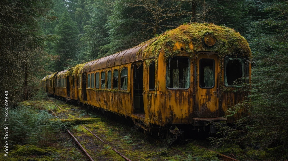 Fototapeta premium Abandoned train car overgrown with moss in a lush forest