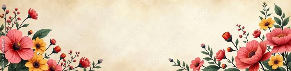Naklejka premium Delicate hand-drawn flowers forming border on vintage paper backdrop, blooming, romantic