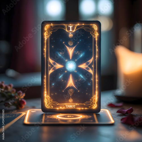 Mystical glowing Tarot card depicting a phoenix glowing softly on a wooden table