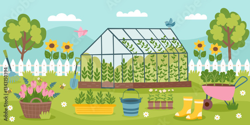 Agricultural and gardening concept background. Banner of spring garden with greenhouse and tools for planting. Spring and gardening concept. Vector hand drawn illustration.