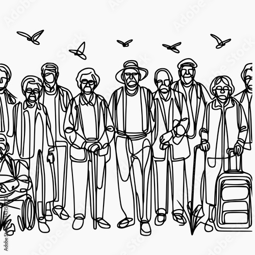 Abstract yet emotional continuous line sketch of seniors standing closely together.