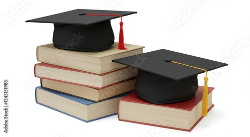Two graduation caps, one with a red tassel, another with gold, sit atop aged books, representing shared academic accomplishments. isolated on a white background.