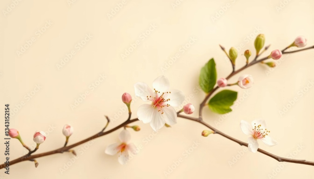 Delicate spring blossoms, buds, and leaves rendered in abstract generative AI style on beige paper against mint backdrop, AI art, plant Delicate spring blossoms, buds, and leaves rendered in abstract generative AI style on beige paper against mint backdrop, AI art, plant