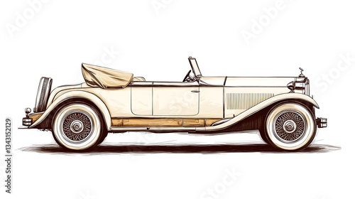 Antique cream car side view sketch, ready for a vintage design, transport, history