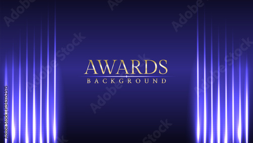 Luxury Awards Ceremony Background with Radiant Neon Glow and Elegant Prestige Spotlights, Featuring Light Beams on a Dark Purple Theme.