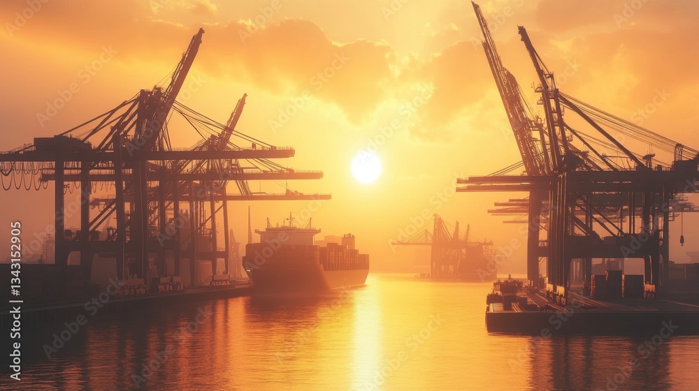 Industrial port facility with large cranes and cargo containers. Industrial port facility with large cranes and cargo containers.