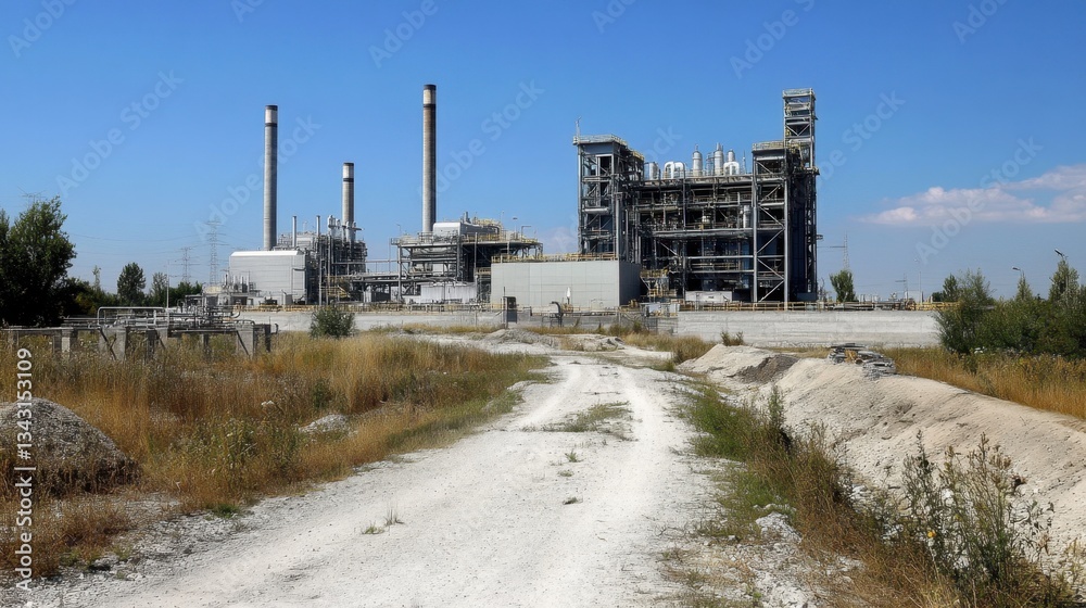 Obraz premium Industrial power plant being built with reinforced concrete foundations.
