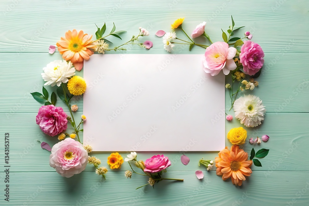 Mock up image of paper and flowers on plain background Mock up image of paper and flowers on plain background