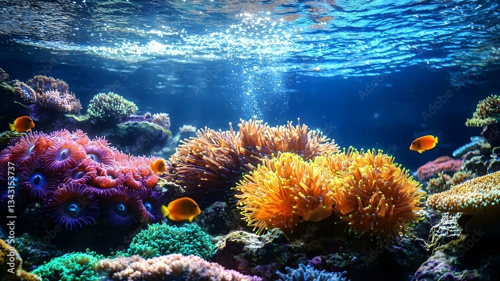 A vibrant underwater scene featuring colorful coral reefs, diverse marine life, and bubbles in a clear blue ocean. Concept Underwater Wonders, Colorful Coral Reefs, Diverse Marine Life
