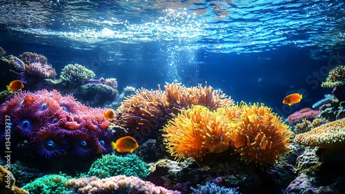 Obraz na płótnie A vibrant underwater scene featuring colorful coral reefs, diverse marine life, and bubbles in a clear blue ocean. Concept Underwater Wonders, Colorful Coral Reefs, Diverse Marine Life w salonie