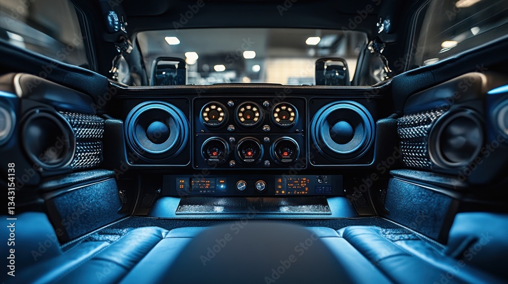 Luxurious Car Interior, Custom Audio System, Event, Crowded Exhibition Hall Luxurious Car Interior, Custom Audio System, Event, Crowded Exhibition Hall