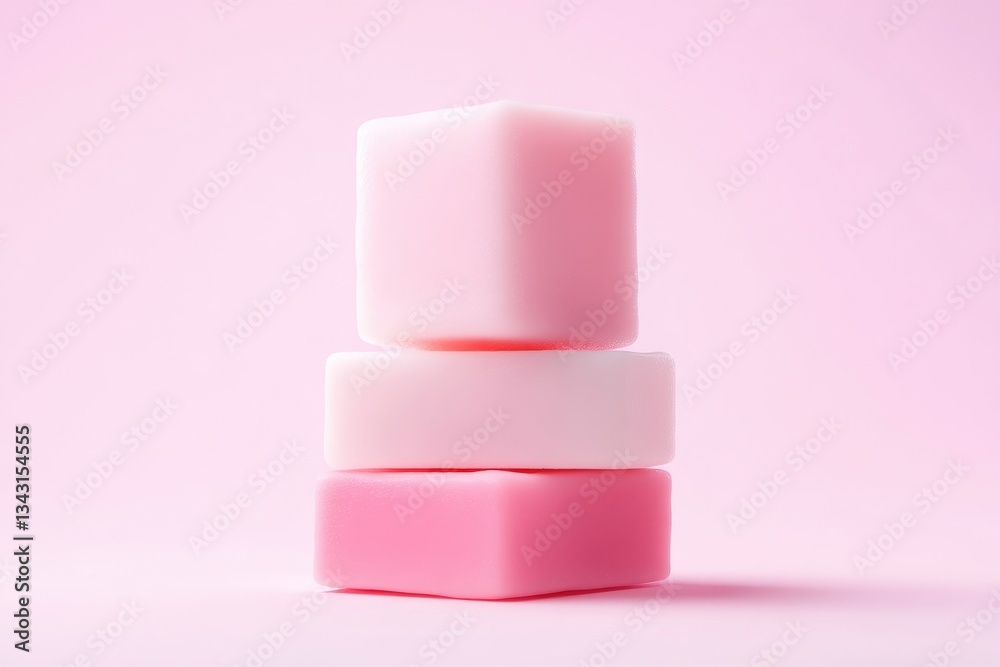 Three stacked, pastel-colored cubes on a pink background Three stacked, pastel-colored cubes on a pink background