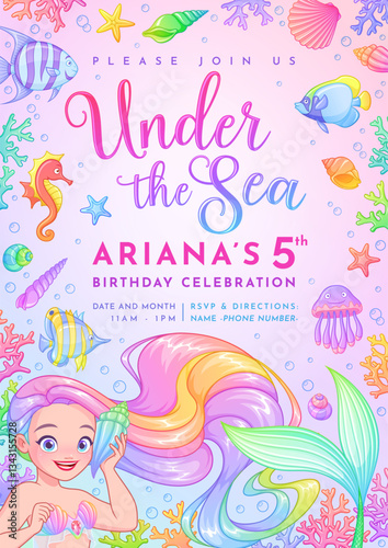 Birthday party invitation vector template with a cute mermaid vector template.