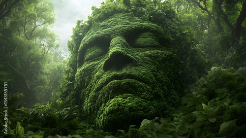 An enormous ancient titan covered in moss and vines, slowly awakening from its slumber in the middle of a dense jungle.