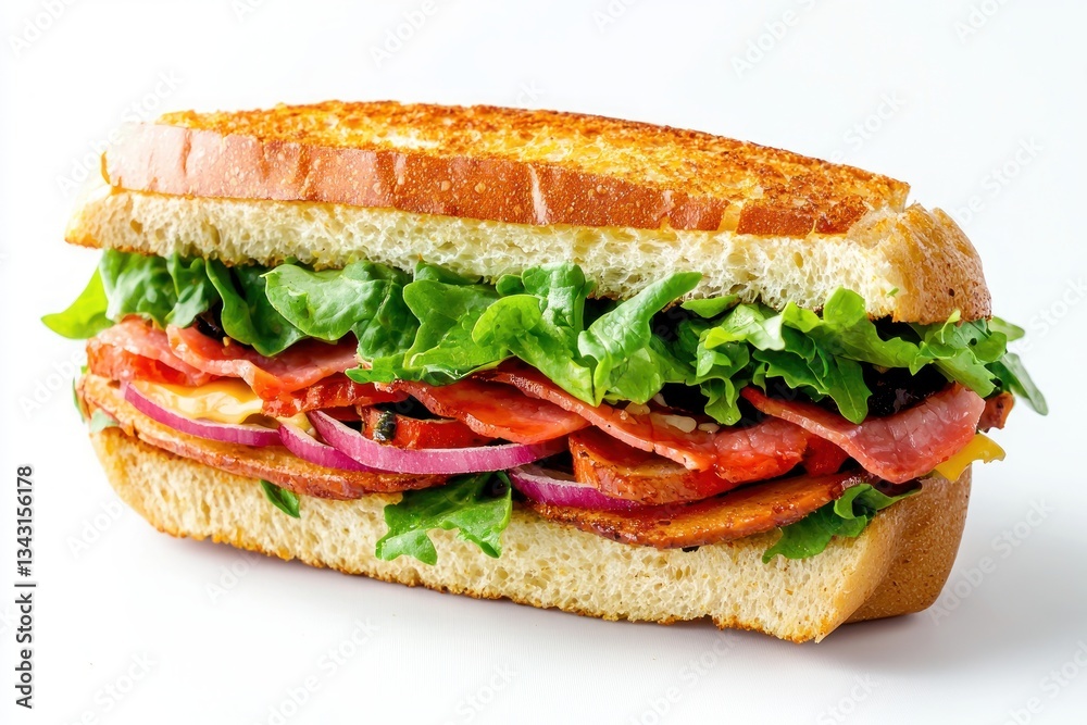 Delicious and Vibrant Sandwich on White Background Displaying Layers of Fresh Ingredients and Toasted Bread Delicious and Vibrant Sandwich on White Background Displaying Layers of Fresh Ingredients and Toasted Bread