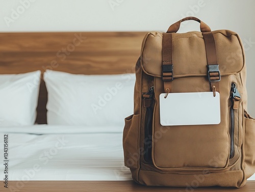 A stylish brown backpack sits on a bed, ready for travel, with a blank tag for personalization. photo