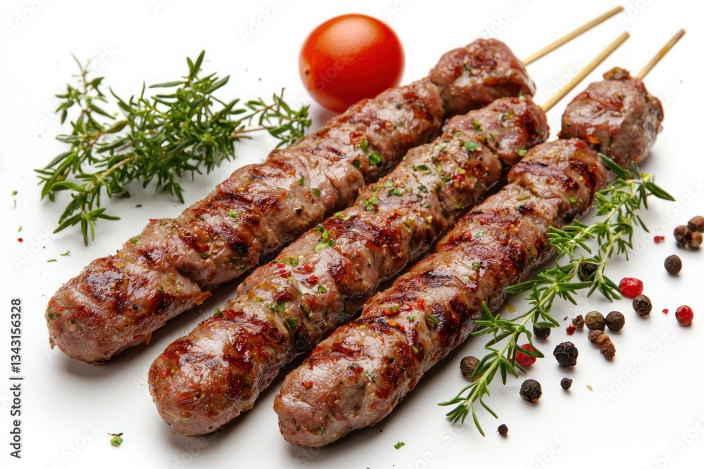 Delicious meat kebabs with tomato and aromatic herbs presented on a pristine white background perfect for food blogs Delicious meat kebabs with tomato and aromatic herbs presented on a pristine white background perfect for food blogs
