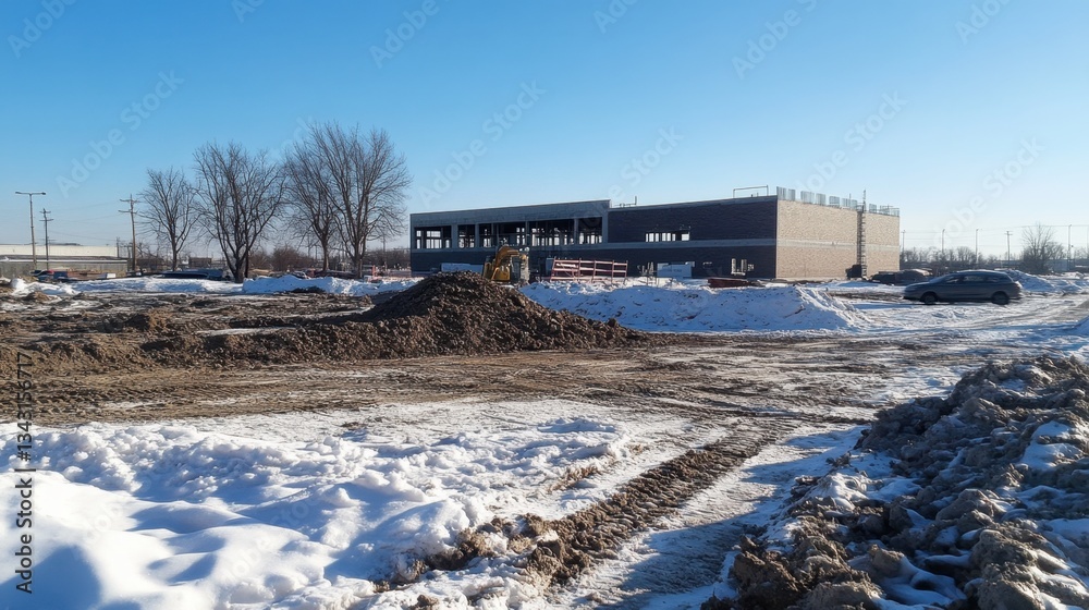 Modern industrial facility with innovative eco-friendly design under construction. Modern industrial facility with innovative eco-friendly design under construction.