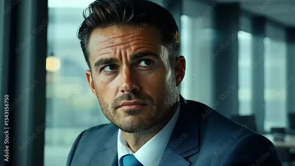 Professional man in a suit contemplating a business decision in a modern office environment Professional man in a suit contemplating a business decision in a modern office environment